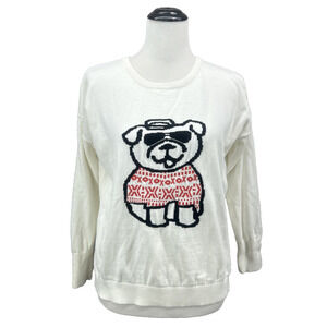 French Connection Womens S White Apres Ski Bulldog Crew Neck Sweater Holiday